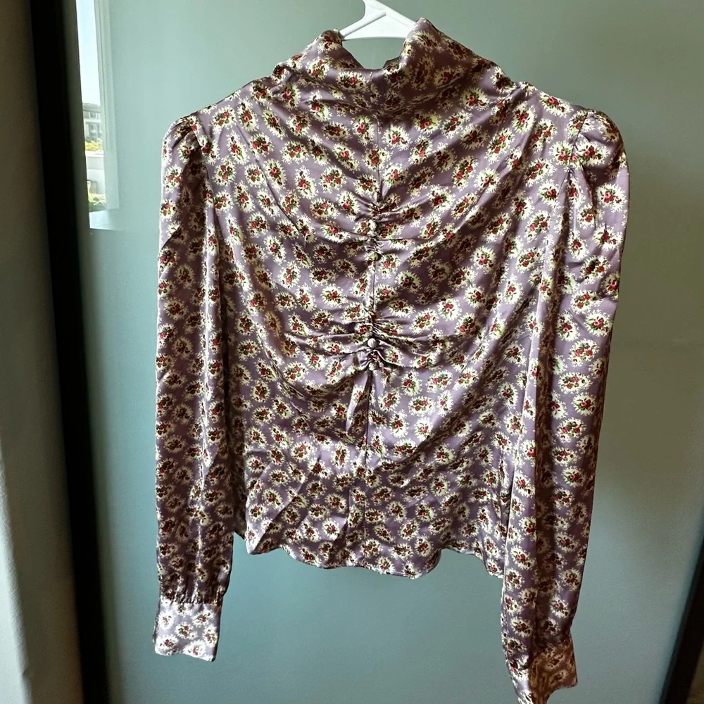 ZARA Gathered Floral Turtleneck Blouse Purple Lavender
